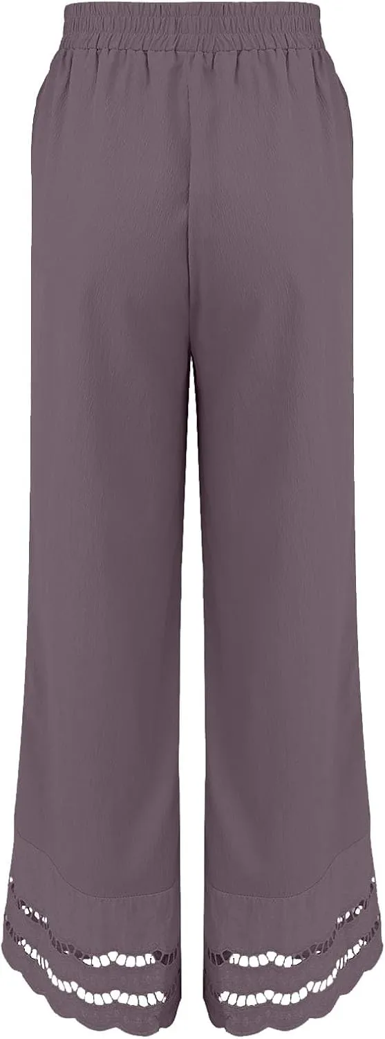 2025 Summer Linen Pants Women with Pocket Wide Leg Drawstring Work Trouser Ruffle Floral Embroidered Beach Capri Pant