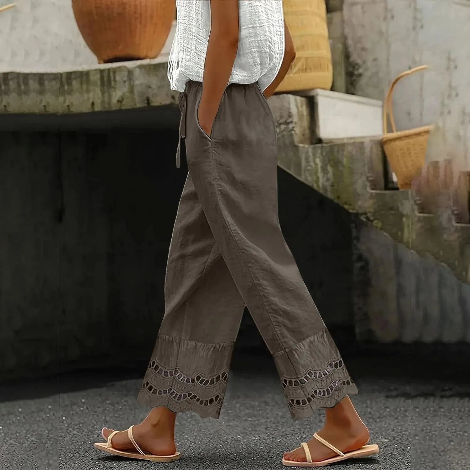 2025 Summer Linen Pants Women with Pocket Wide Leg Drawstring Work Trouser Ruffle Floral Embroidered Beach Capri Pant
