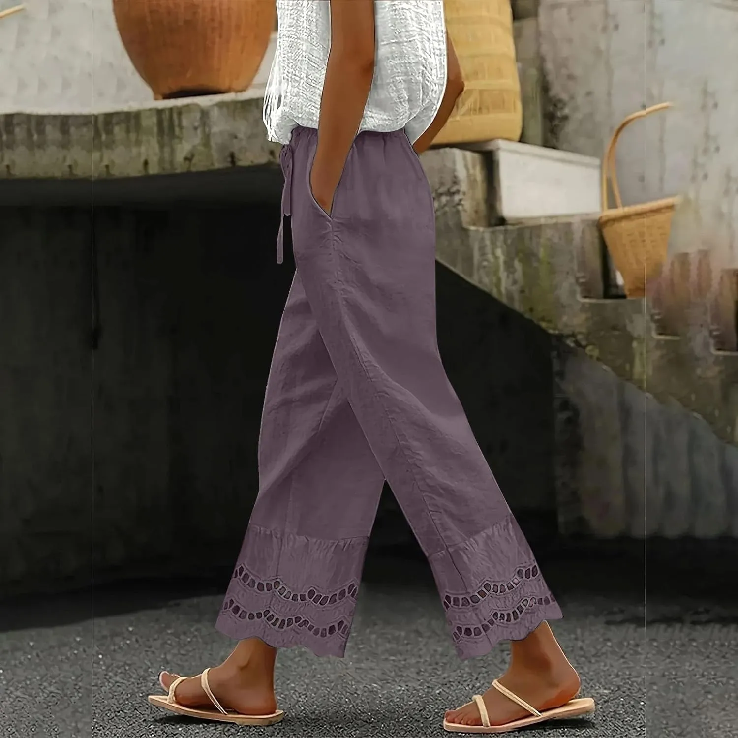 2025 Summer Linen Pants Women with Pocket Wide Leg Drawstring Work Trouser Ruffle Floral Embroidered Beach Capri Pant