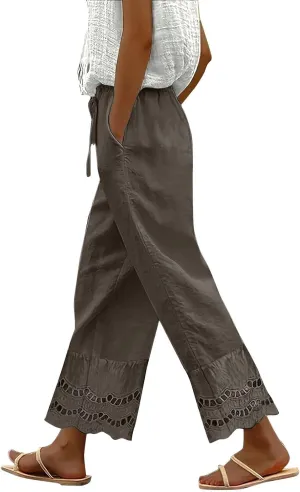 2025 Summer Linen Pants Women with Pocket Wide Leg Drawstring Work Trouser Ruffle Floral Embroidered Beach Capri Pant