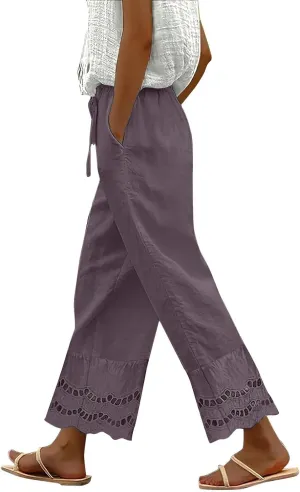 2025 Summer Linen Pants Women with Pocket Wide Leg Drawstring Work Trouser Ruffle Floral Embroidered Beach Capri Pant