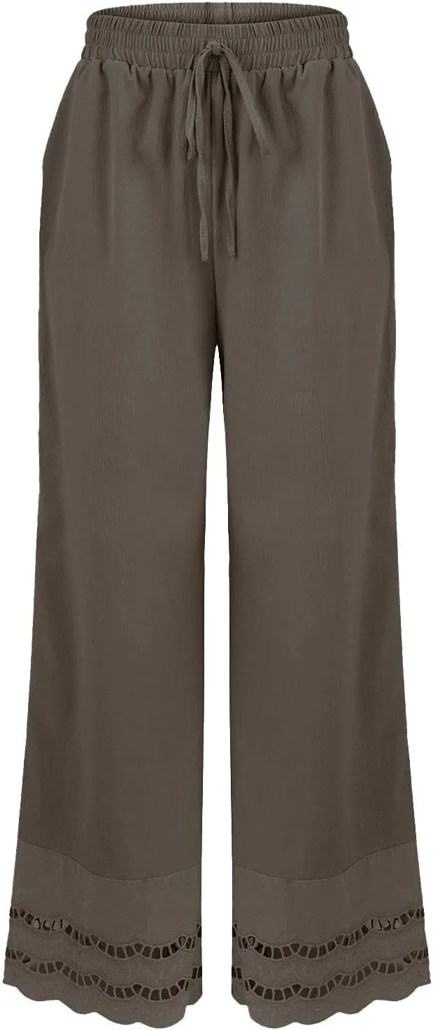 2025 Summer Linen Pants Women with Pocket Wide Leg Drawstring Work Trouser Ruffle Floral Embroidered Beach Capri Pant