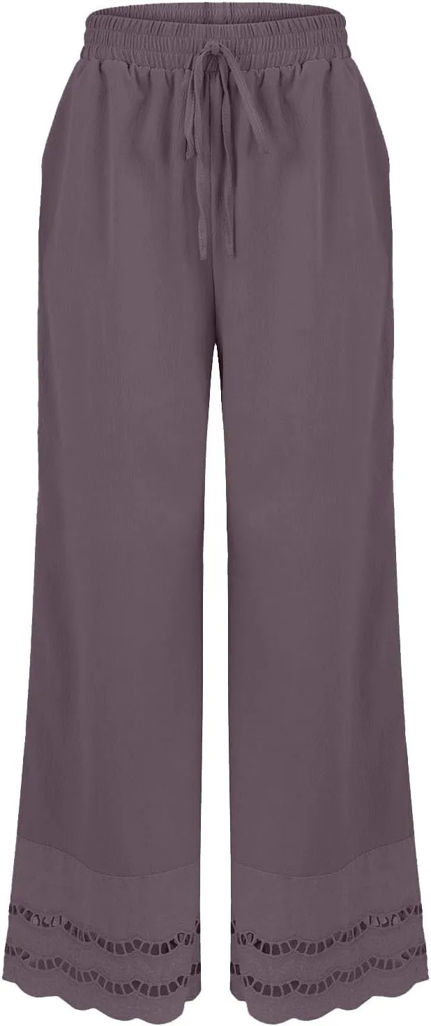 2025 Summer Linen Pants Women with Pocket Wide Leg Drawstring Work Trouser Ruffle Floral Embroidered Beach Capri Pant