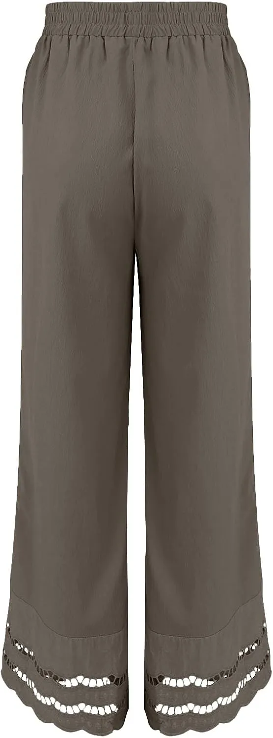2025 Summer Linen Pants Women with Pocket Wide Leg Drawstring Work Trouser Ruffle Floral Embroidered Beach Capri Pant