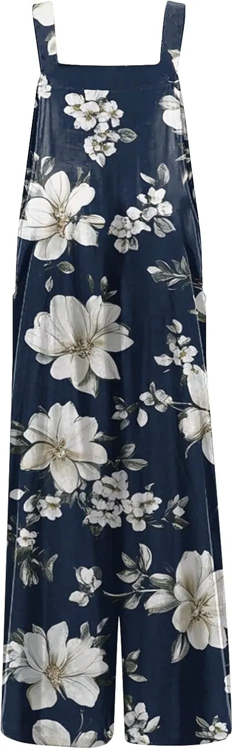 Bohemian Rompers 2025 Summer Plus Size Loose Floral Boho Printed Hippie Cotton Linen Bib Baggy Overalls Jumpsuits