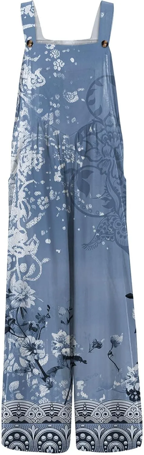 Bohemian Rompers 2025 Summer Plus Size Loose Floral Boho Printed Hippie Cotton Linen Bib Baggy Overalls Jumpsuits