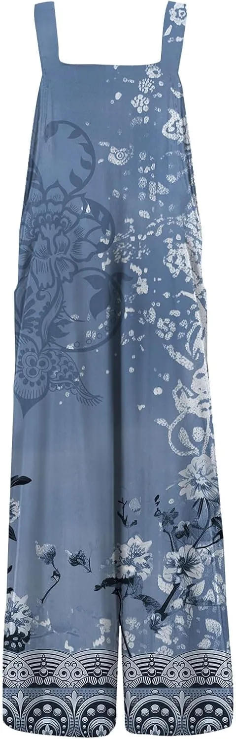Bohemian Rompers 2025 Summer Plus Size Loose Floral Boho Printed Hippie Cotton Linen Bib Baggy Overalls Jumpsuits