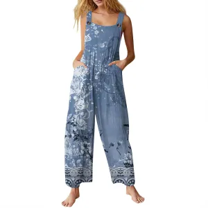 Bohemian Rompers 2025 Summer Plus Size Loose Floral Boho Printed Hippie Cotton Linen Bib Baggy Overalls Jumpsuits