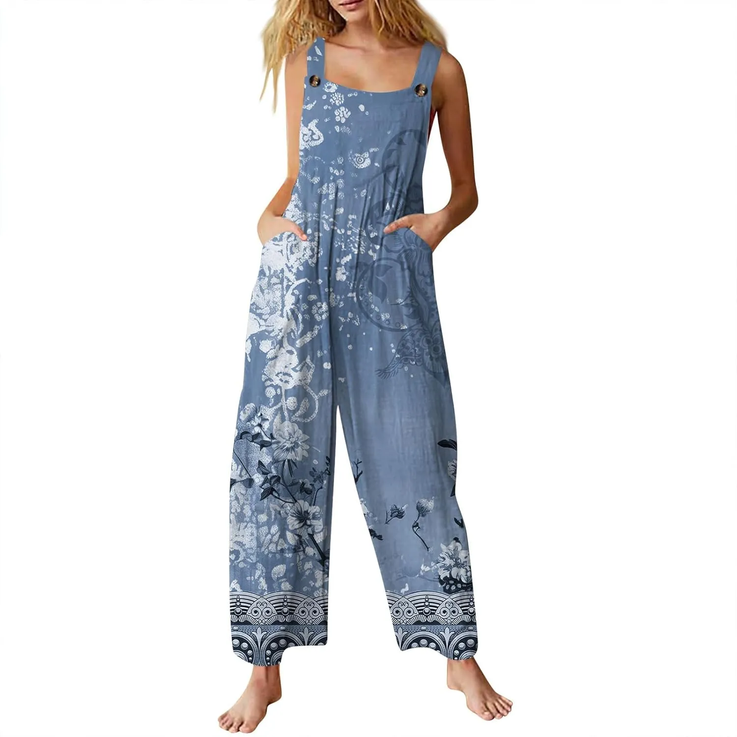 Bohemian Rompers 2025 Summer Plus Size Loose Floral Boho Printed Hippie Cotton Linen Bib Baggy Overalls Jumpsuits
