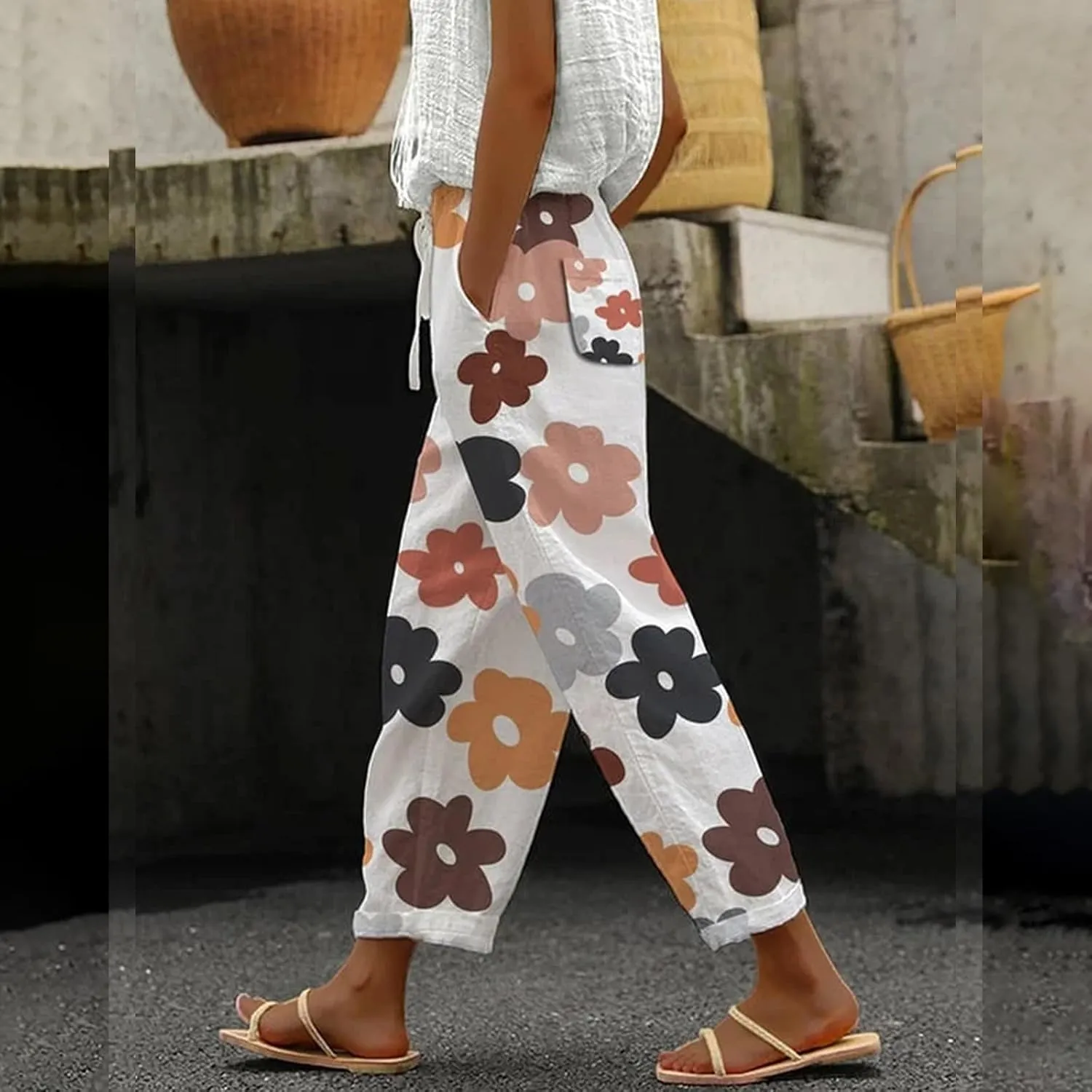 Boho Floral Cropped Linen Pants for Womens Summer Breathable Elastic Waist Straight Leg Casual Comfy Trousers