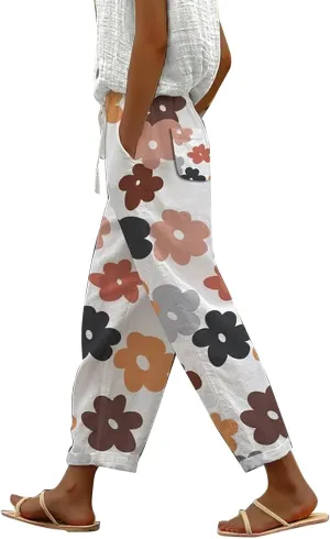 Boho Floral Cropped Linen Pants for Womens Summer Breathable Elastic Waist Straight Leg Casual Comfy Trousers