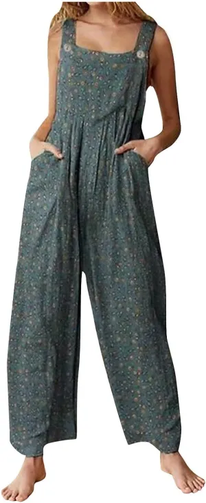 Boho Jumpsuit for Women Cotton Linen Overalls 2025 Summer Patchwork Print Wide Leg Plus Size Rompers with Pockets