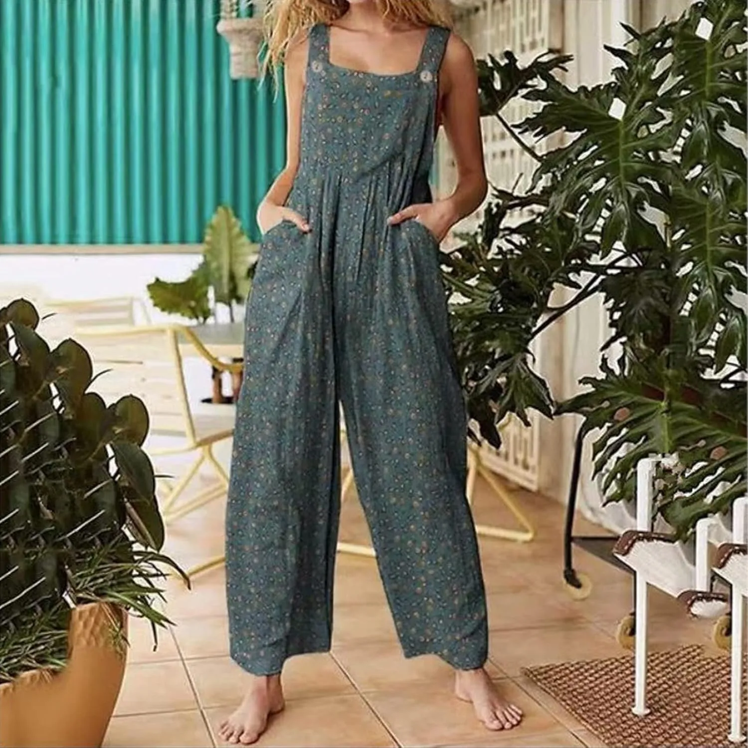 Boho Jumpsuit for Women Cotton Linen Overalls 2025 Summer Patchwork Print Wide Leg Plus Size Rompers with Pockets
