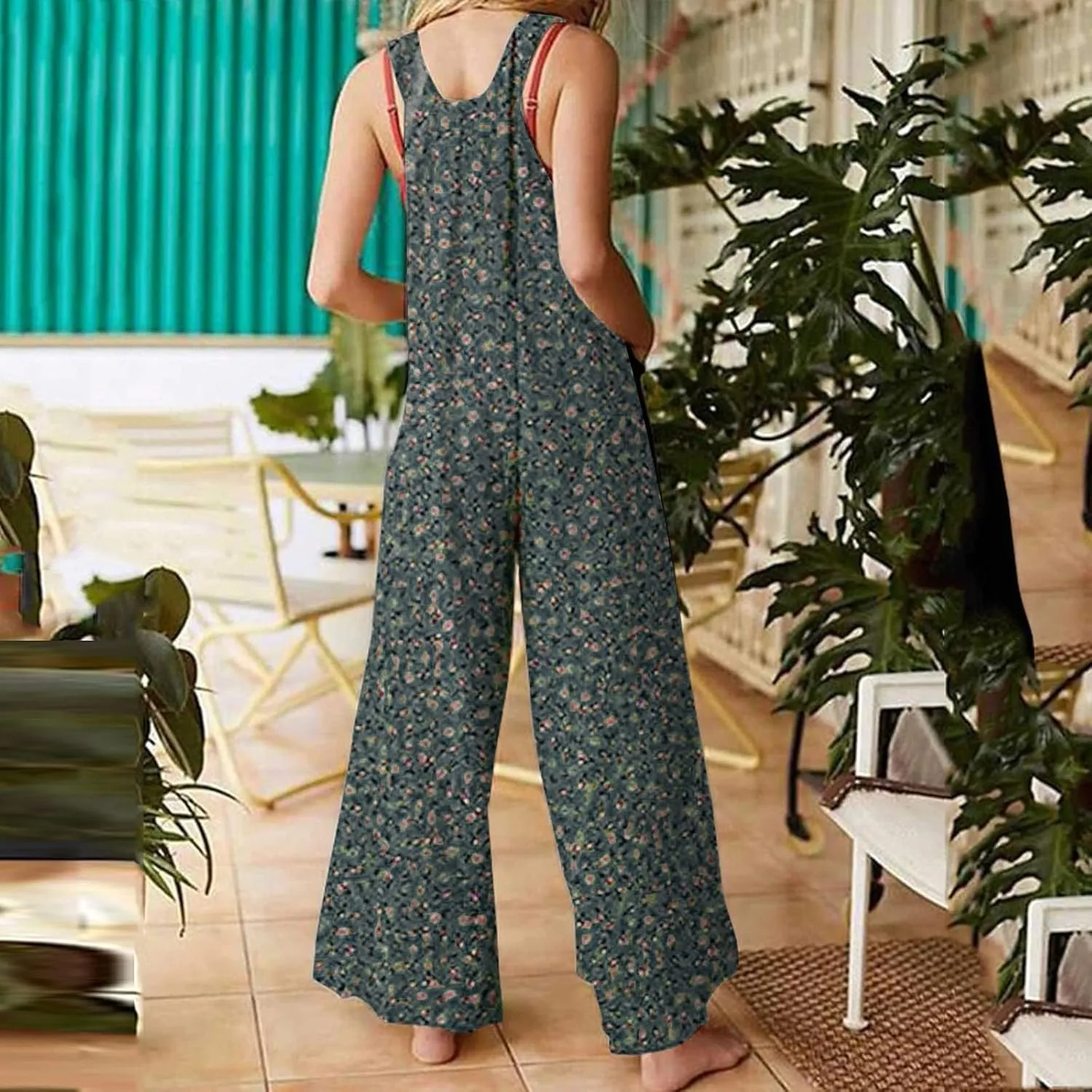 Boho Jumpsuit for Women Cotton Linen Overalls 2025 Summer Patchwork Print Wide Leg Plus Size Rompers with Pockets