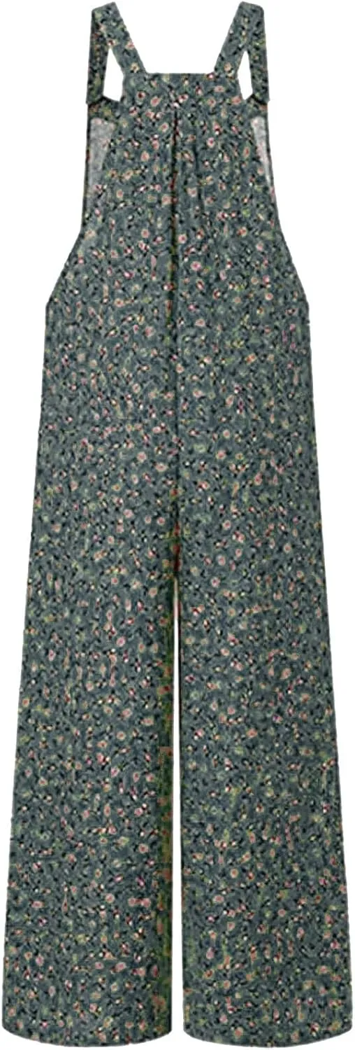 Boho Jumpsuit for Women Cotton Linen Overalls 2025 Summer Patchwork Print Wide Leg Plus Size Rompers with Pockets