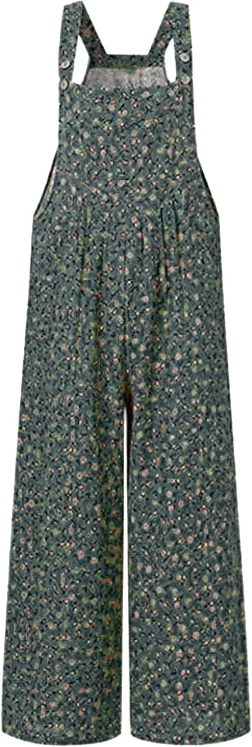 Boho Jumpsuit for Women Cotton Linen Overalls 2025 Summer Patchwork Print Wide Leg Plus Size Rompers with Pockets