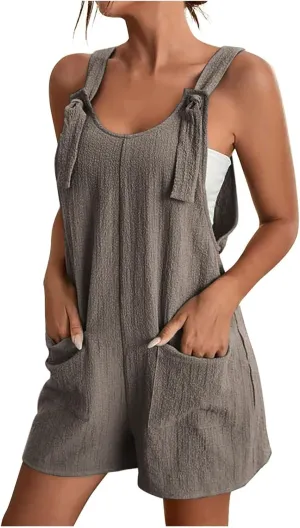 BOXIACEY Overall Shorts for Women Tie Knot Front Short Romper Summer Sleeveless Overalls Wide Leg Jumpsuit with Pockets