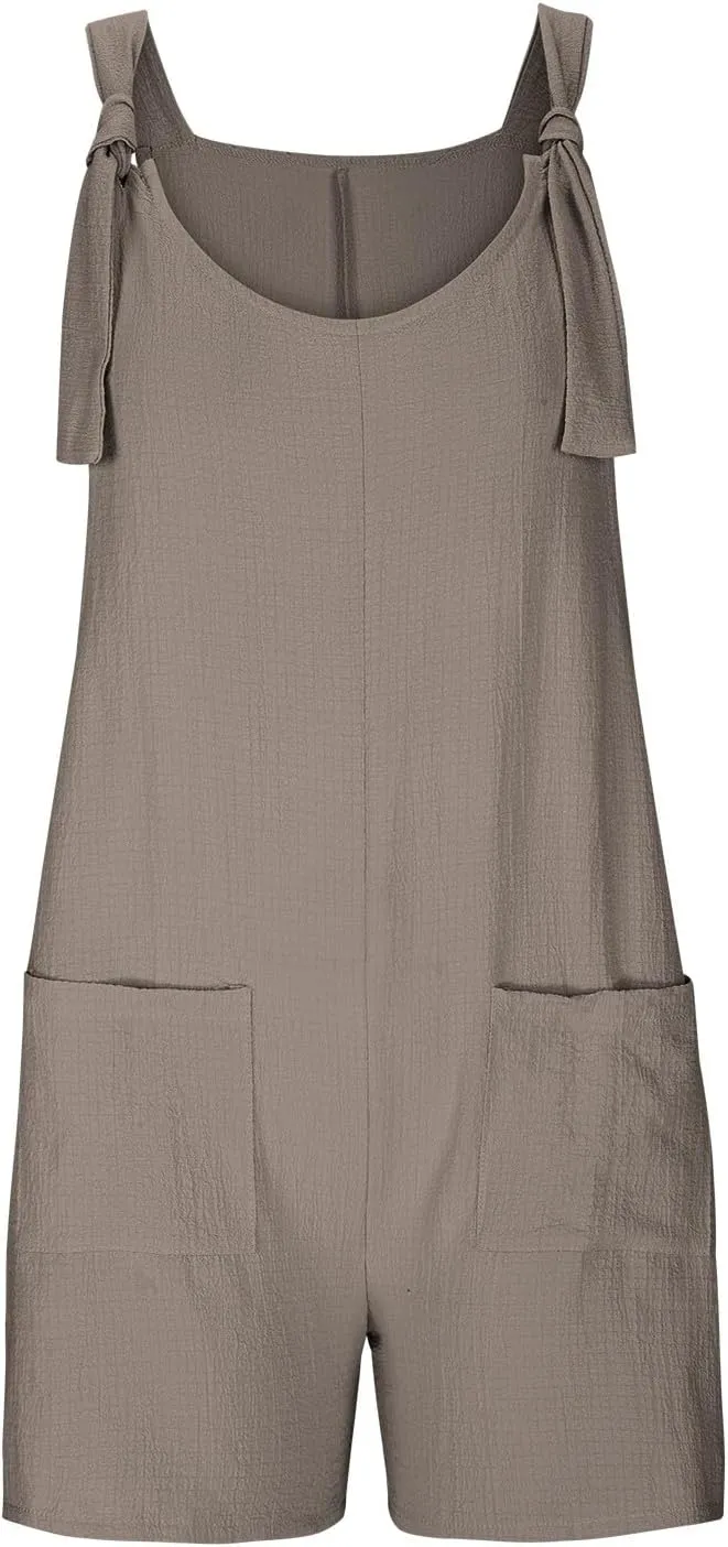 BOXIACEY Overall Shorts for Women Tie Knot Front Short Romper Summer Sleeveless Overalls Wide Leg Jumpsuit with Pockets