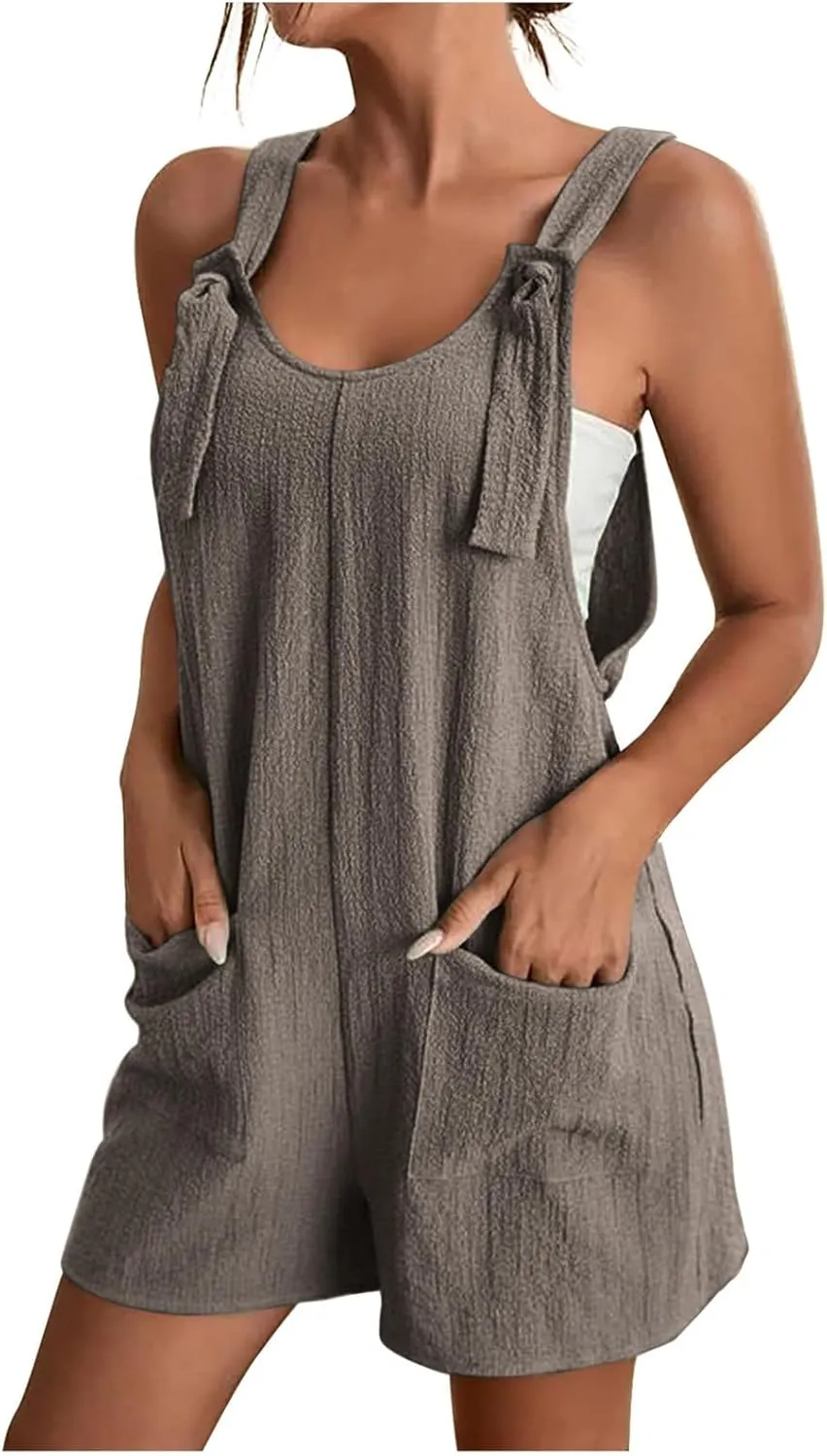 BOXIACEY Overall Shorts for Women Tie Knot Front Short Romper Summer Sleeveless Overalls Wide Leg Jumpsuit with Pockets