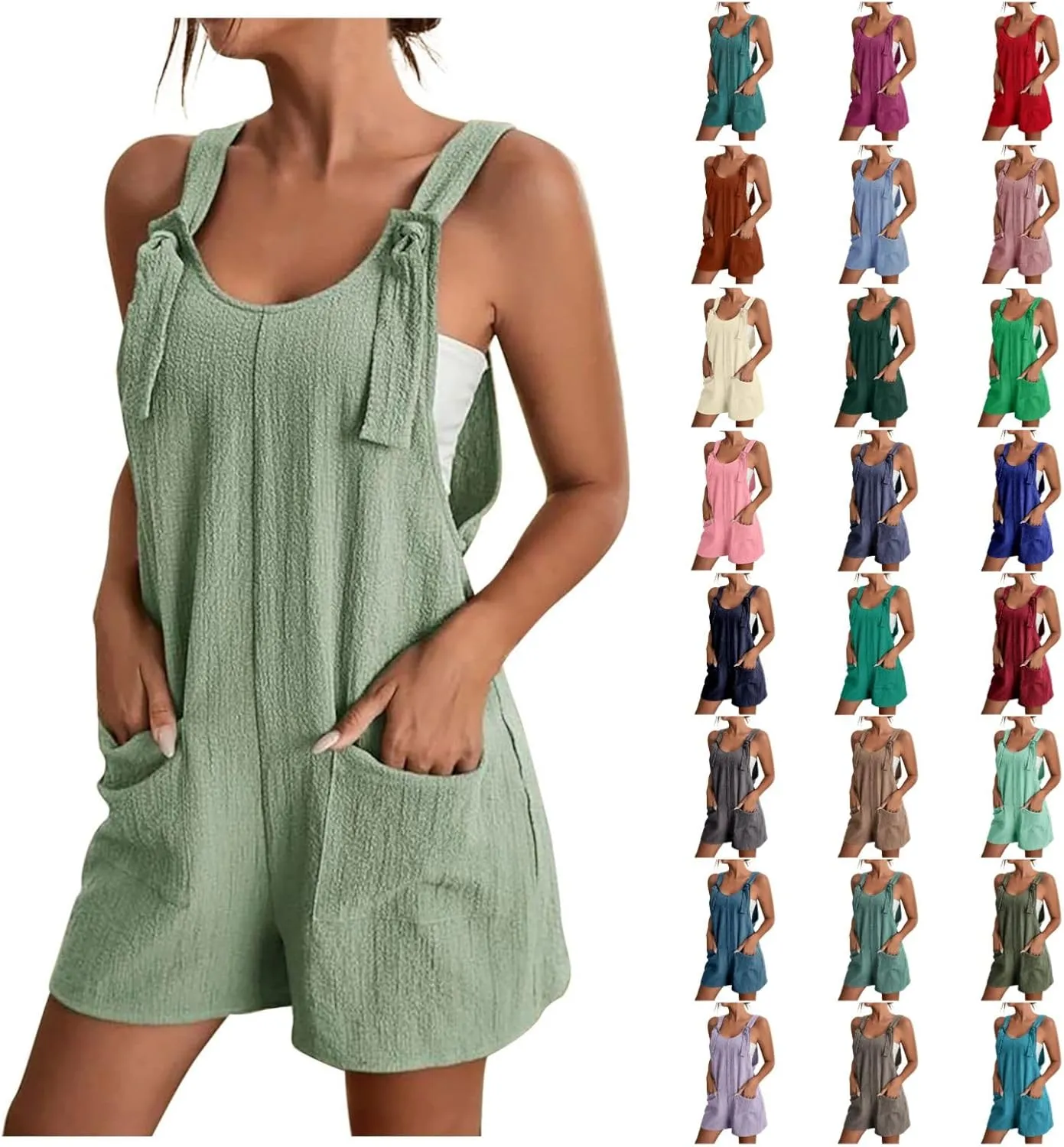 BOXIACEY Overall Shorts for Women Tie Knot Front Short Romper Summer Sleeveless Overalls Wide Leg Jumpsuit with Pockets