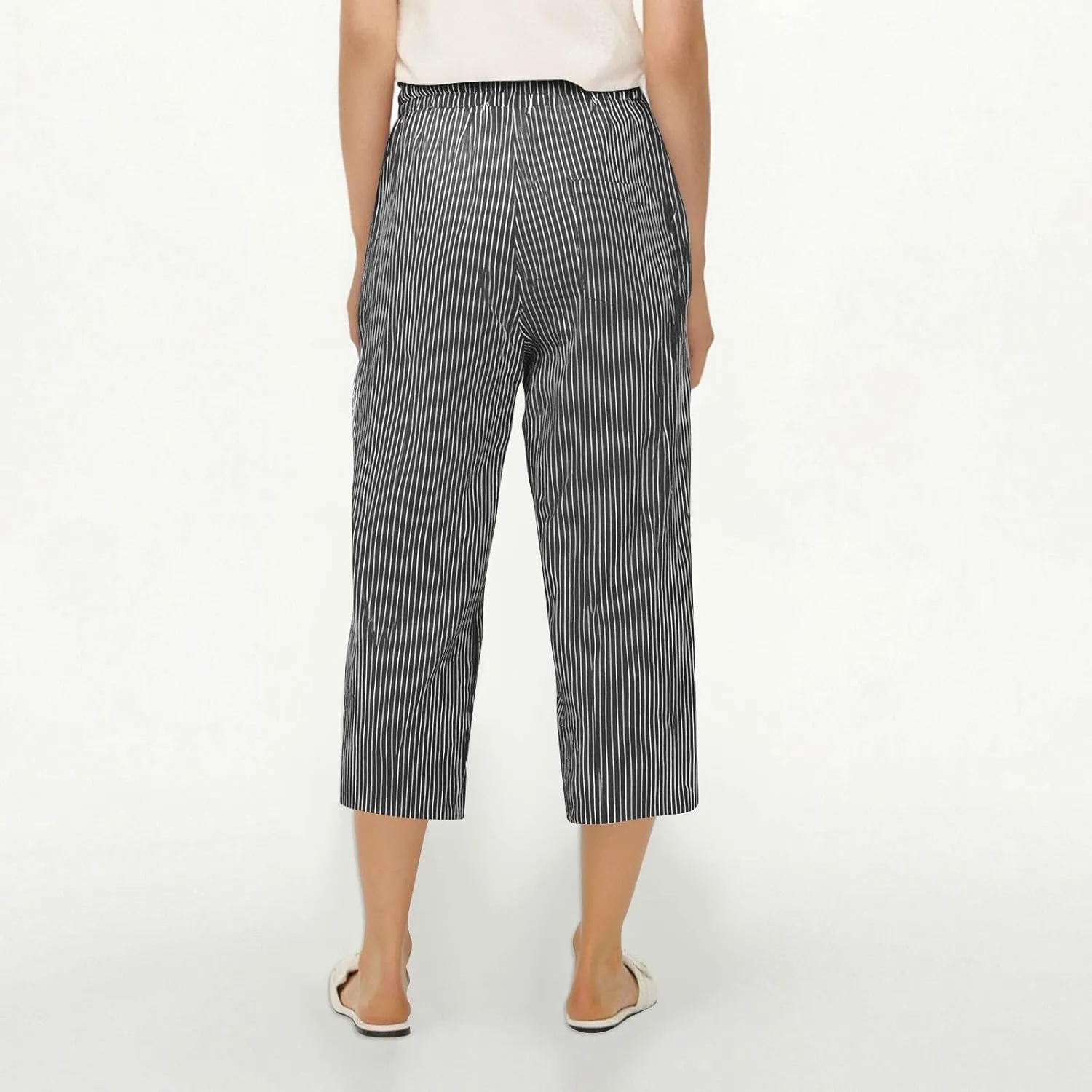 Capri Linen Pants Women Casual Summer Drawstring Elastic High Waist Linen Pant Straight Wide Leg Cropped