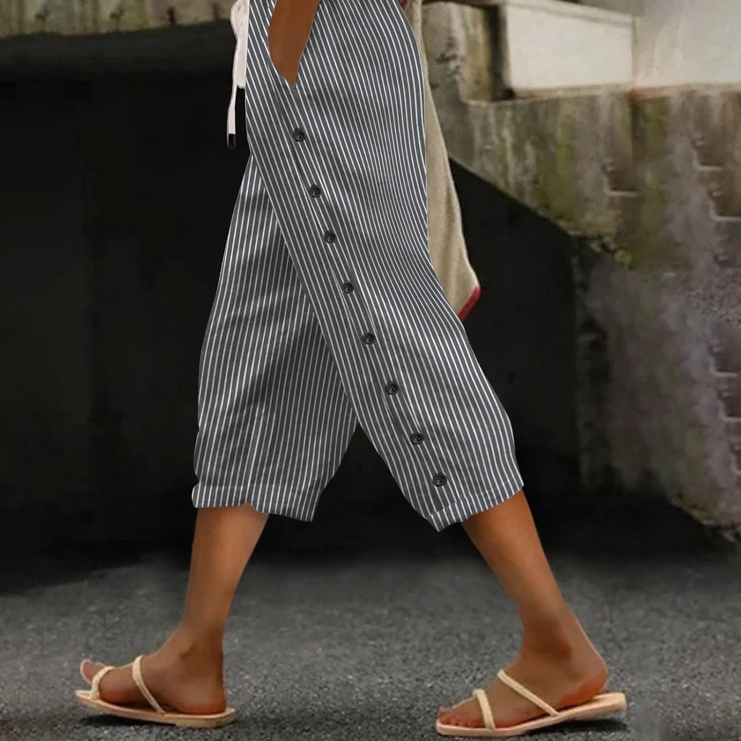 Capri Linen Pants Women Casual Summer Drawstring Elastic High Waist Linen Pant Straight Wide Leg Cropped