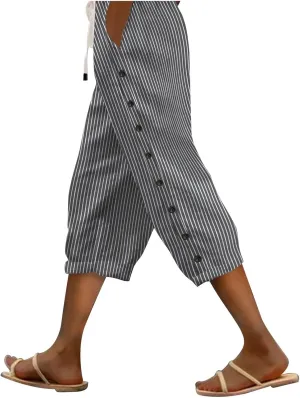 Capri Linen Pants Women Casual Summer Drawstring Elastic High Waist Linen Pant Straight Wide Leg Cropped