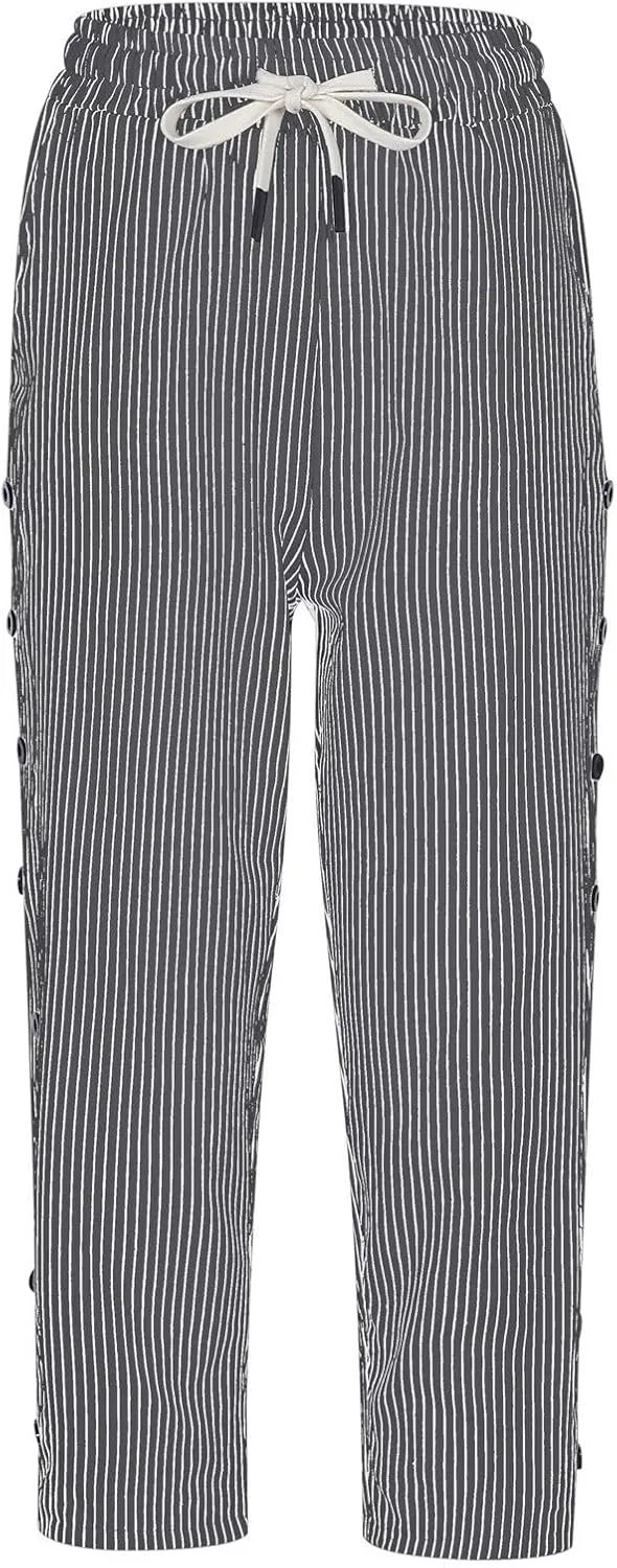 Capri Linen Pants Women Casual Summer Drawstring Elastic High Waist Linen Pant Straight Wide Leg Cropped