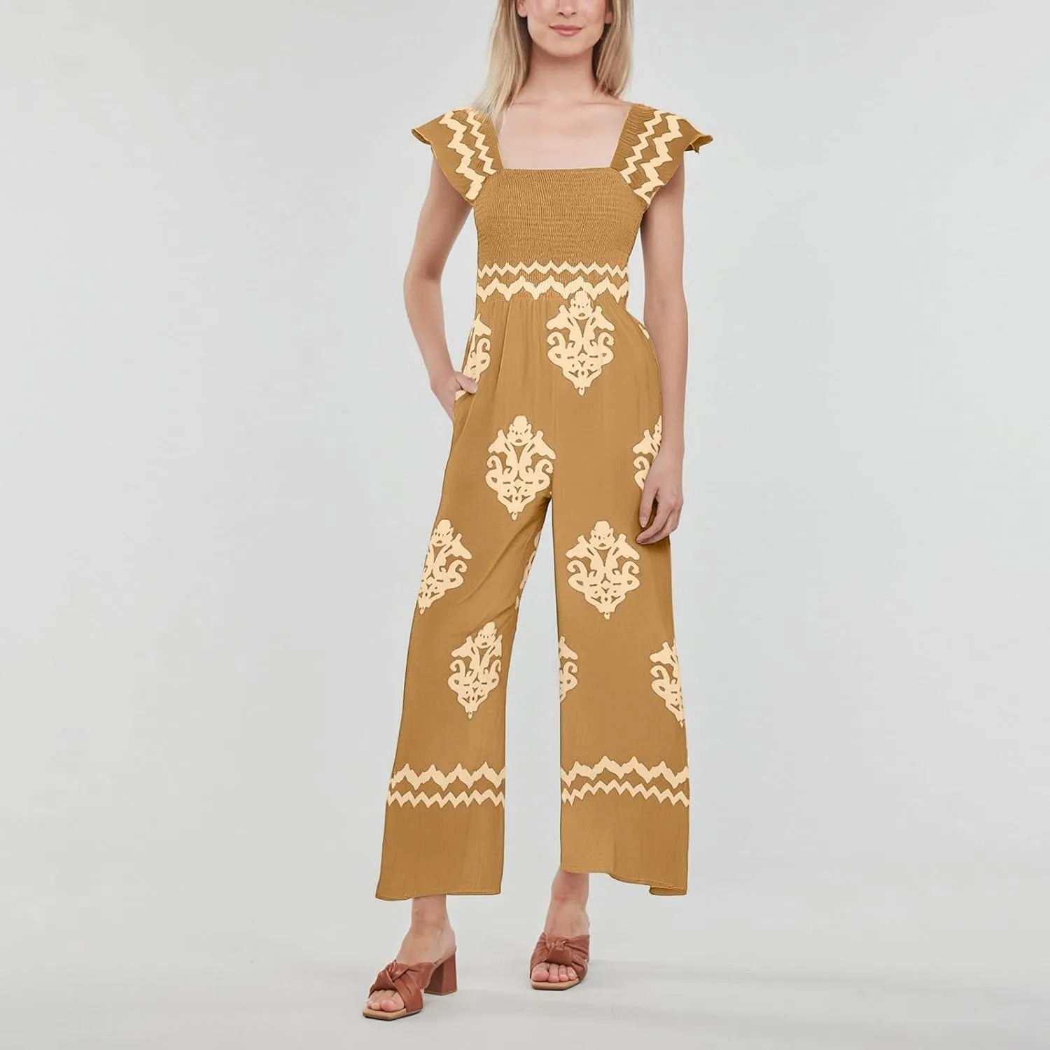 Casual Jumpsuits for Women 2025 Summer One Piece Sleeveless Print Wide Leg Rompers Beach Loose Overalls with Pockets