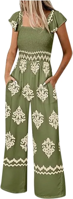 Casual Jumpsuits for Women 2025 Summer One Piece Sleeveless Print Wide Leg Rompers Beach Loose Overalls with Pockets