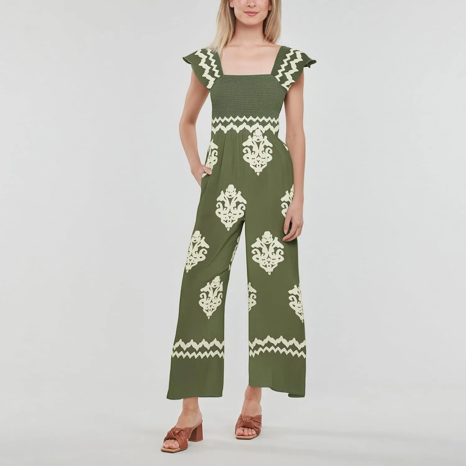 Casual Jumpsuits for Women 2025 Summer One Piece Sleeveless Print Wide Leg Rompers Beach Loose Overalls with Pockets