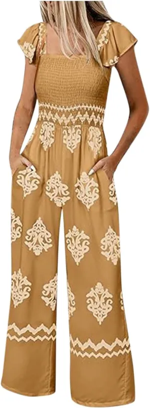 Casual Jumpsuits for Women 2025 Summer One Piece Sleeveless Print Wide Leg Rompers Beach Loose Overalls with Pockets