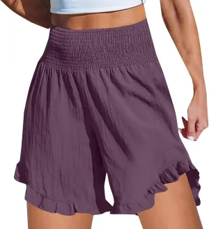 Casual Shorts for Women Summer Cotton Linen Short Pants High Waist Ruffle Hem Beach Shorts Flowy Shorts with Pockets
