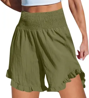 Casual Shorts for Women Summer Cotton Linen Short Pants High Waist Ruffle Hem Beach Shorts Flowy Shorts with Pockets