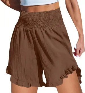 Casual Shorts for Women Summer Cotton Linen Short Pants High Waist Ruffle Hem Beach Shorts Flowy Shorts with Pockets