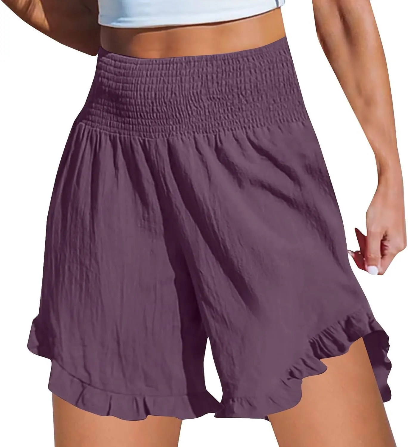 Casual Shorts for Women Summer Cotton Linen Short Pants High Waist Ruffle Hem Beach Shorts Flowy Shorts with Pockets