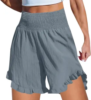 Casual Shorts for Women Summer Cotton Linen Short Pants High Waist Ruffle Hem Beach Shorts Flowy Shorts with Pockets