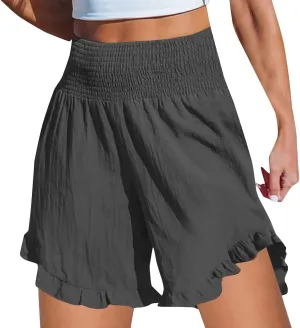 Casual Shorts for Women Summer Cotton Linen Short Pants High Waist Ruffle Hem Beach Shorts Flowy Shorts with Pockets