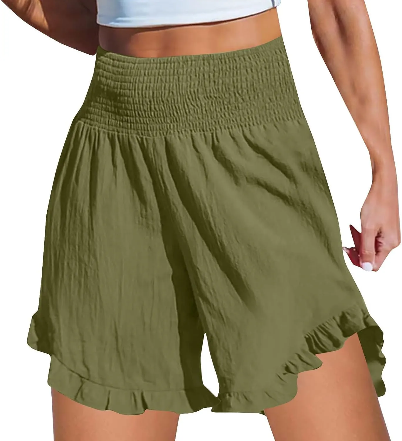 Casual Shorts for Women Summer Cotton Linen Short Pants High Waist Ruffle Hem Beach Shorts Flowy Shorts with Pockets