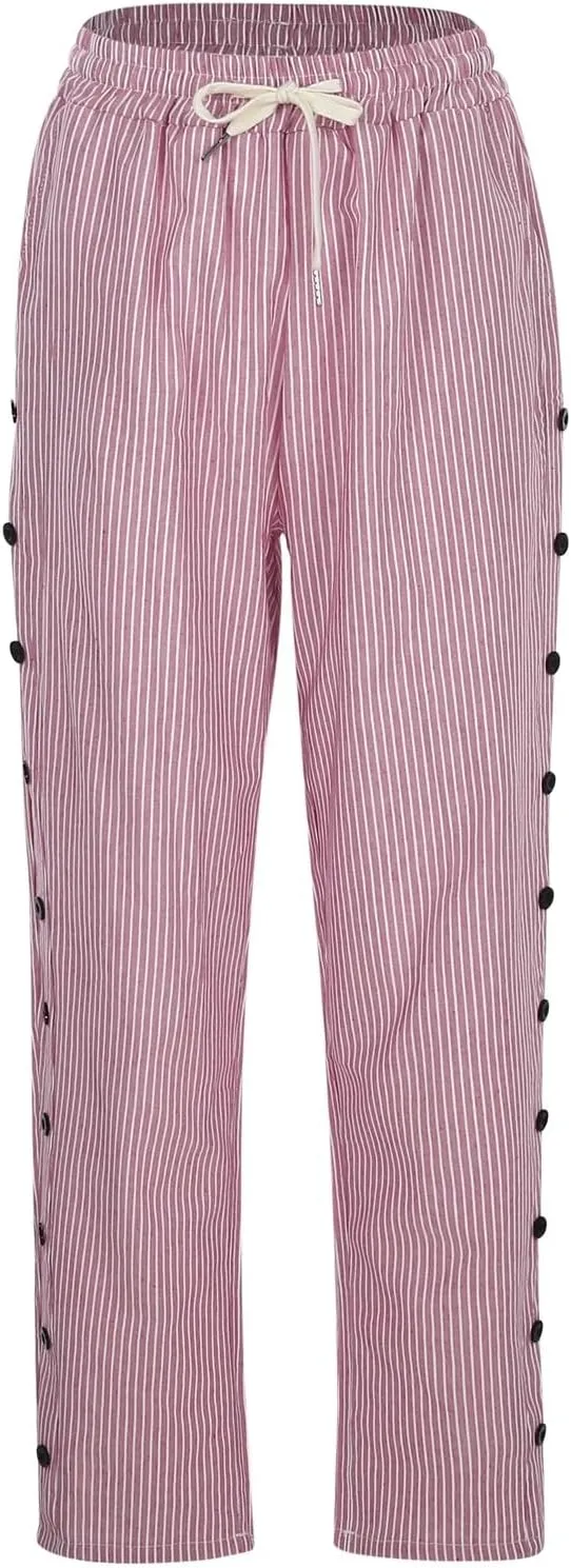 Cotton Linen Pants for Women Summer Wide Leg Elastic Straight Leg Lounge Pant Drawstring Lightweight Beach Trousers