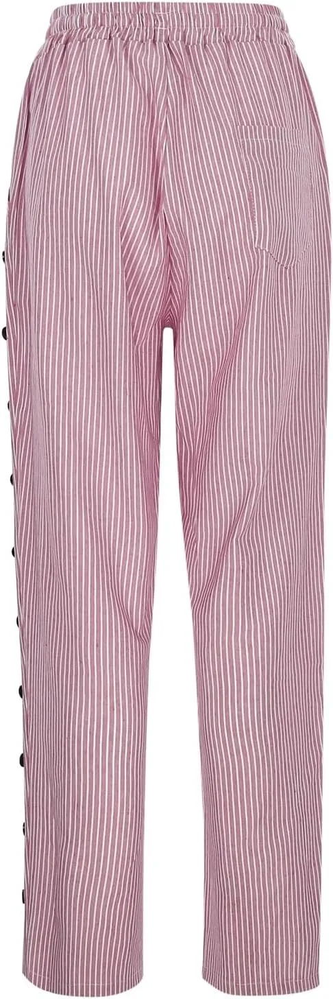 Cotton Linen Pants for Women Summer Wide Leg Elastic Straight Leg Lounge Pant Drawstring Lightweight Beach Trousers