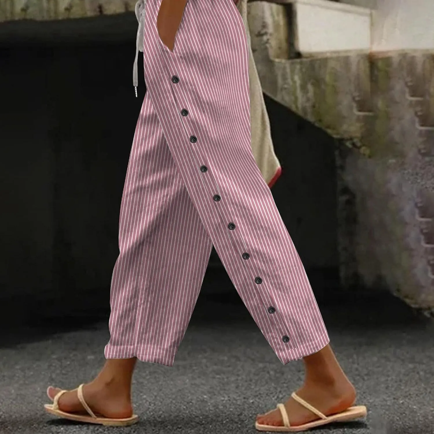Cotton Linen Pants for Women Summer Wide Leg Elastic Straight Leg Lounge Pant Drawstring Lightweight Beach Trousers