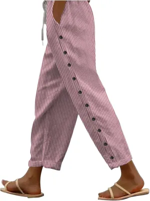 Cotton Linen Pants for Women Summer Wide Leg Elastic Straight Leg Lounge Pant Drawstring Lightweight Beach Trousers