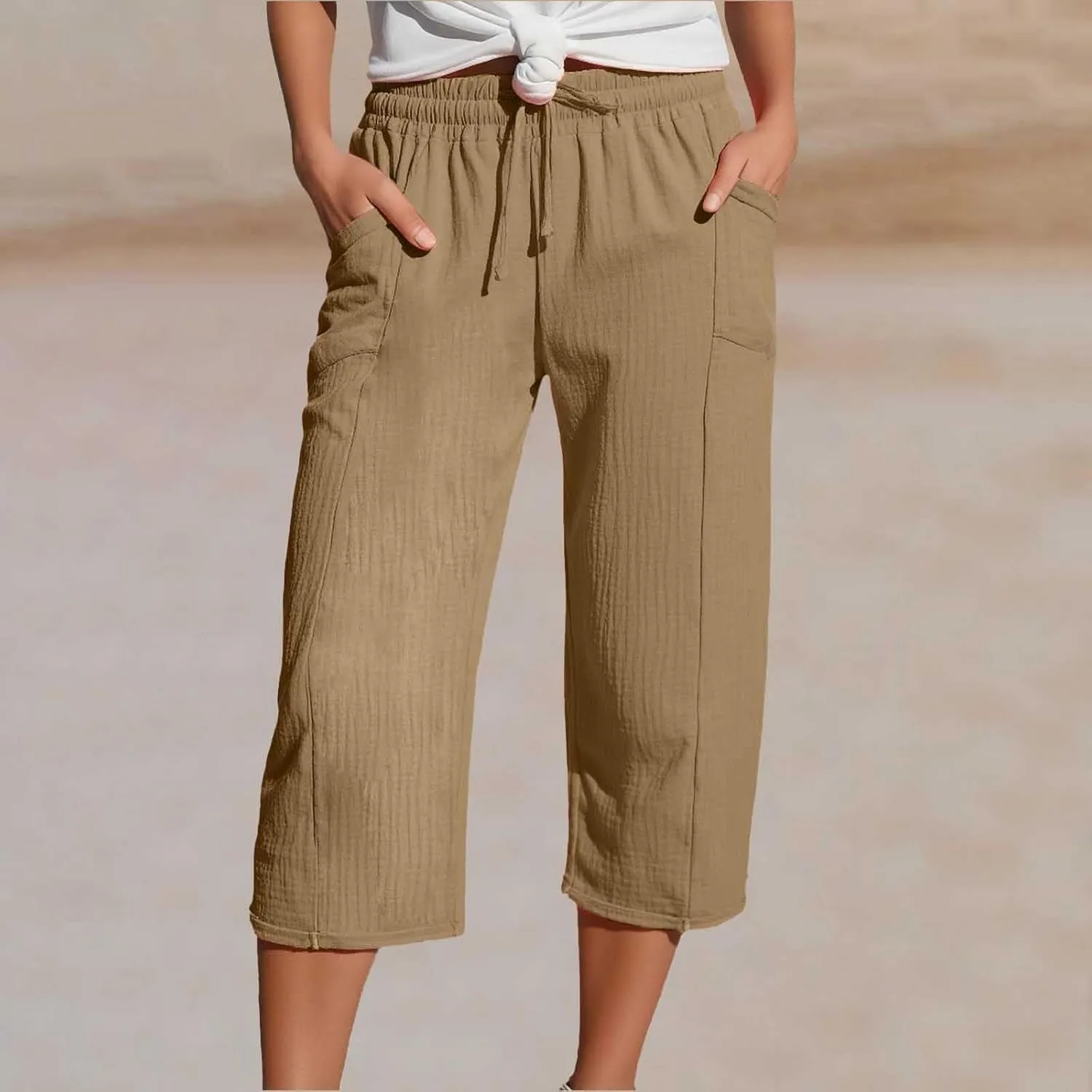 Cotton Linen Pants Women Drawstring High Waisted Lightweight Capri Trouser Summer Vacation Casual Beach Shorts Pocket