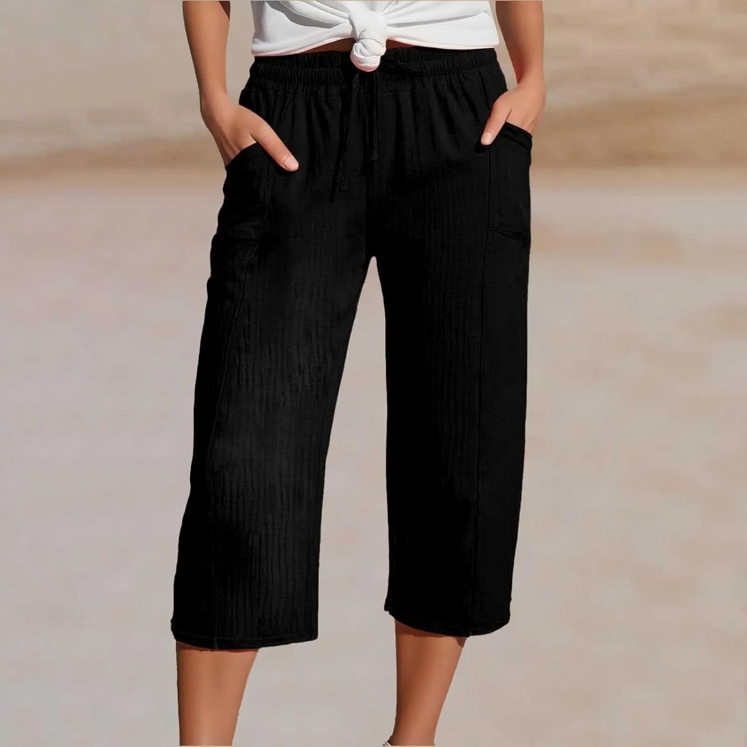 Cotton Linen Pants Women Drawstring High Waisted Lightweight Capri Trouser Summer Vacation Casual Beach Shorts Pocket