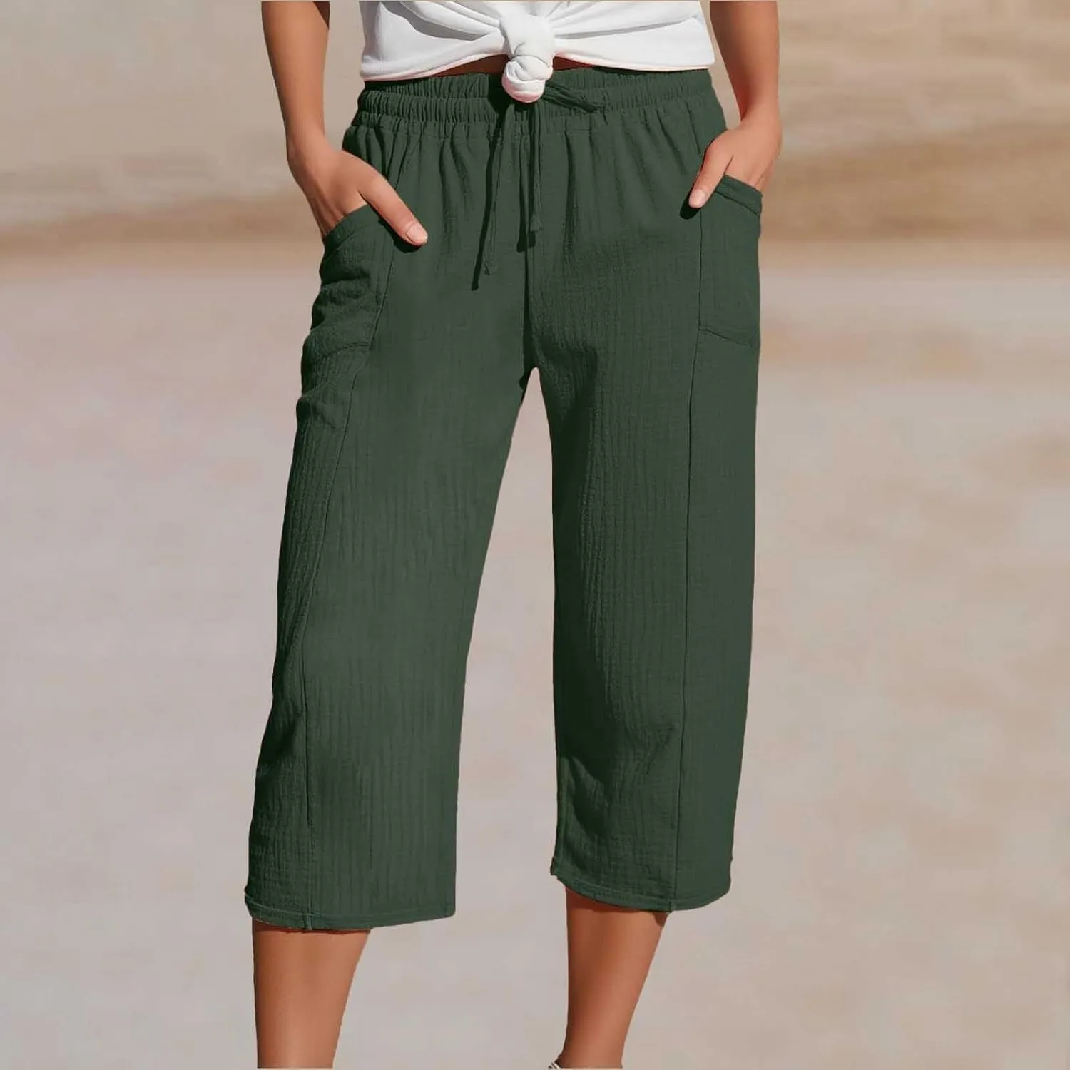 Cotton Linen Pants Women Drawstring High Waisted Lightweight Capri Trouser Summer Vacation Casual Beach Shorts Pocket