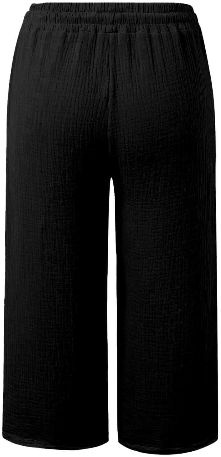 Cotton Linen Pants Women Drawstring High Waisted Lightweight Capri Trouser Summer Vacation Casual Beach Shorts Pocket