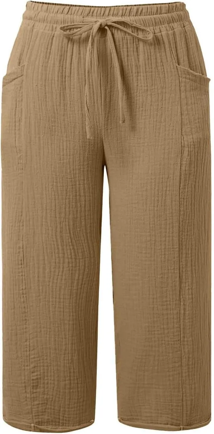 Cotton Linen Pants Women Drawstring High Waisted Lightweight Capri Trouser Summer Vacation Casual Beach Shorts Pocket