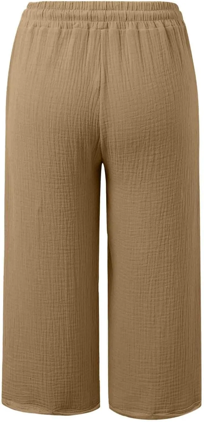 Cotton Linen Pants Women Drawstring High Waisted Lightweight Capri Trouser Summer Vacation Casual Beach Shorts Pocket