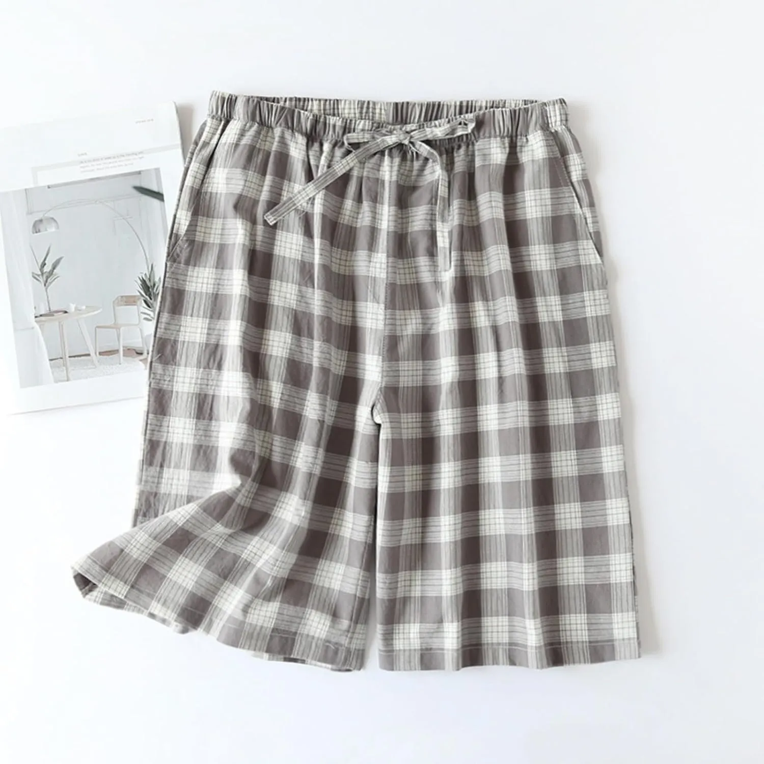 Cotton Long Short Lounge Pants for Men - 100% Woven Soft Plaid Check 1/2/3 Set Sleeping Pajama Pants with Pockets